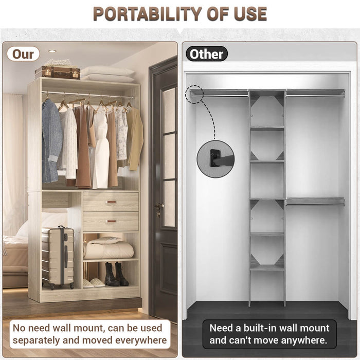 40'' Freestanding Closet Organizer System with Hanging Rods, Drawers, Storage Shelves