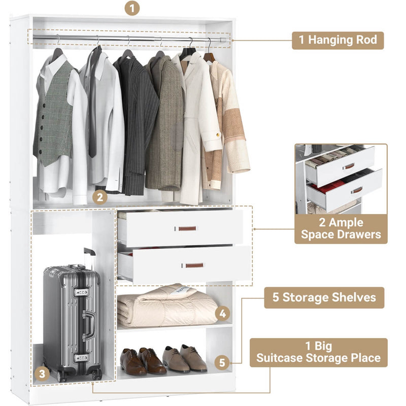 40'' Freestanding Closet Organizer System with Hanging Rods, Drawers, Storage Shelves