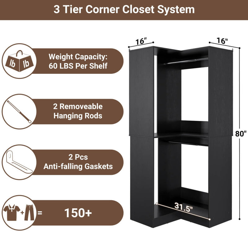 31.5'' Freestanding Corner Closet Organizer with Hanging Rods, Space-saving Closet System for Walk-in Closet