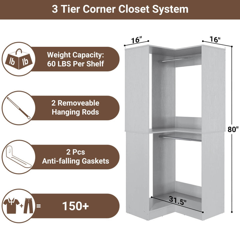 31.5'' Freestanding Corner Closet Organizer with Hanging Rods, Space-saving Closet System for Walk-in Closet