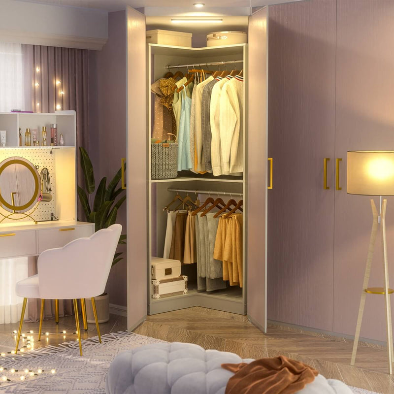 31.5'' Freestanding Corner Closet Organizer with Hanging Rods, Space-saving Closet System for Walk-in Closet