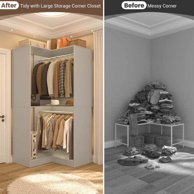 31.5'' Freestanding Corner Closet Organizer with Hanging Rods, Space-saving Closet System for Walk-in Closet