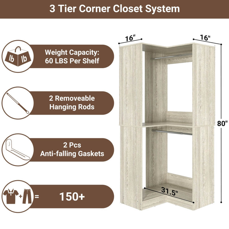 31.5'' Freestanding Corner Closet Organizer with Hanging Rods, Space-saving Closet System for Walk-in Closet