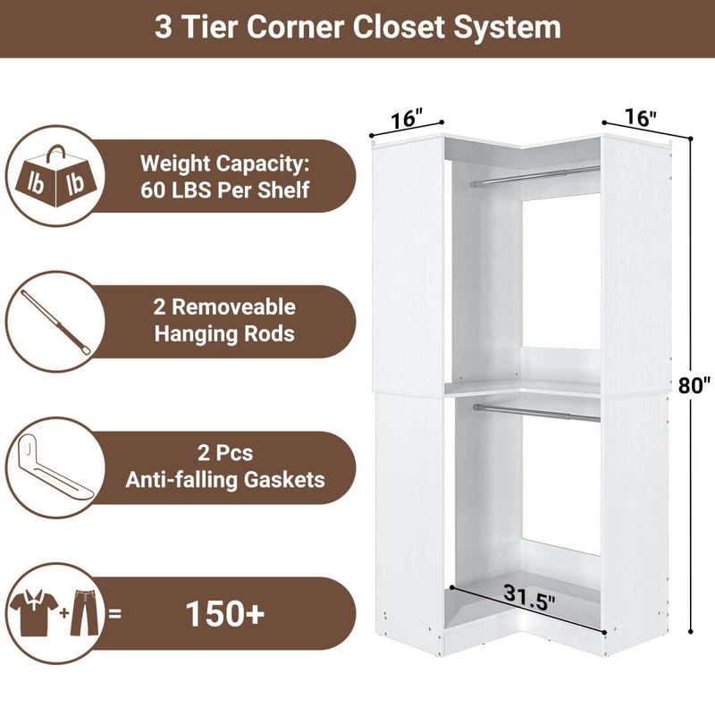 31.5'' Freestanding Corner Closet Organizer with Hanging Rods, Space-saving Closet System for Walk-in Closet