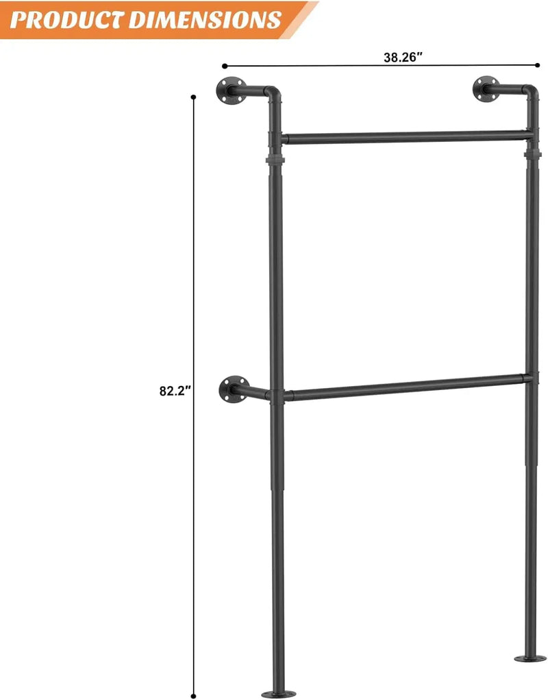 3.5 - 13 FT Wall Mounted Industrial Metal Pipe Clothing Rack, Reversible