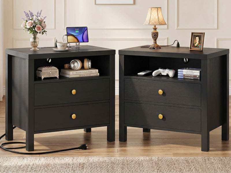23.6'' Nightstand with Charging Station and Drawers Set of 2