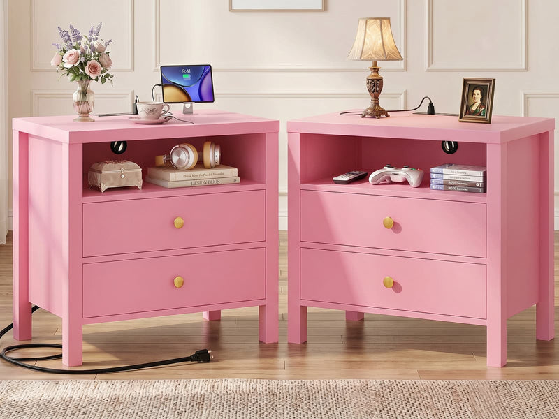 23.6'' Nightstand with Charging Station and Drawers Set of 2
