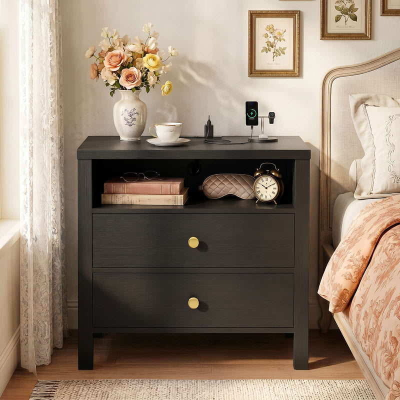 23.6'' Nightstand with with 2 Wooden Drawers and Power Outlet