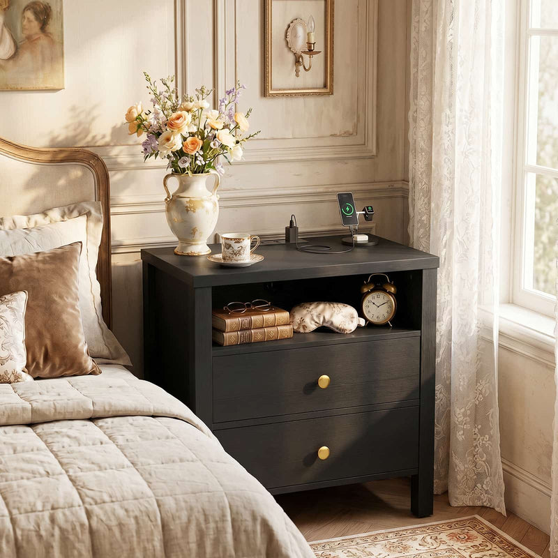 23.6'' Nightstand with Charging Station and Drawers Set of 2