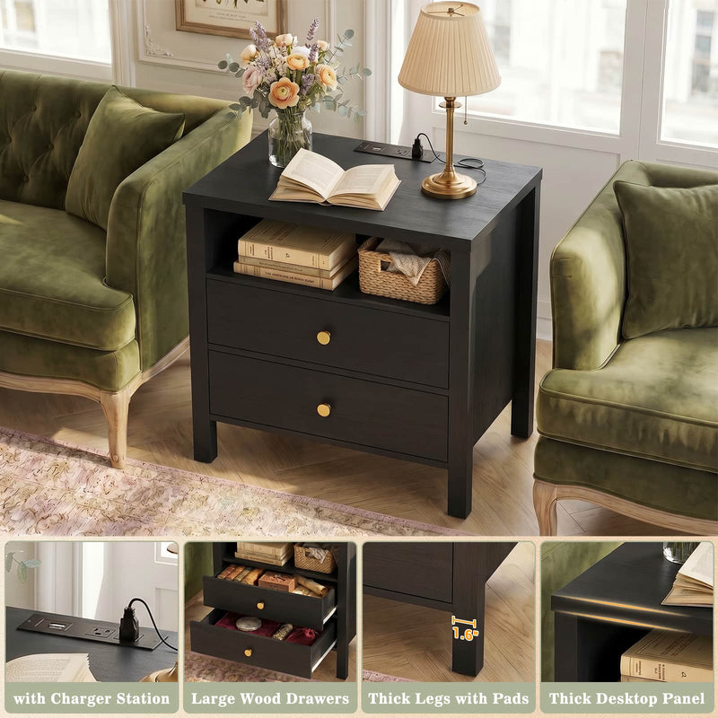 23.6'' Nightstand with Charging Station and Drawers Set of 2