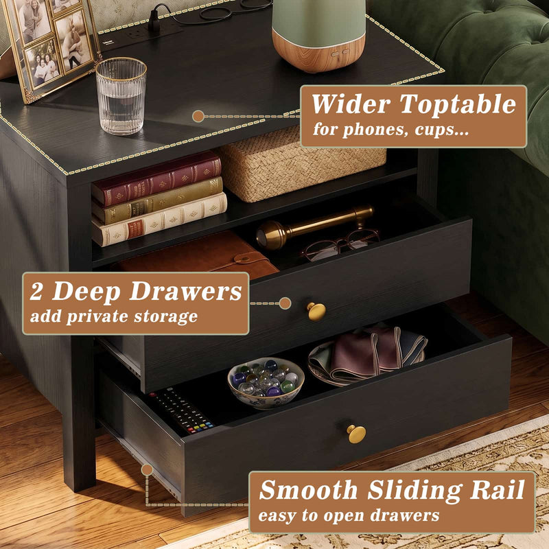 23.6'' Nightstand with Charging Station and Drawers Set of 2