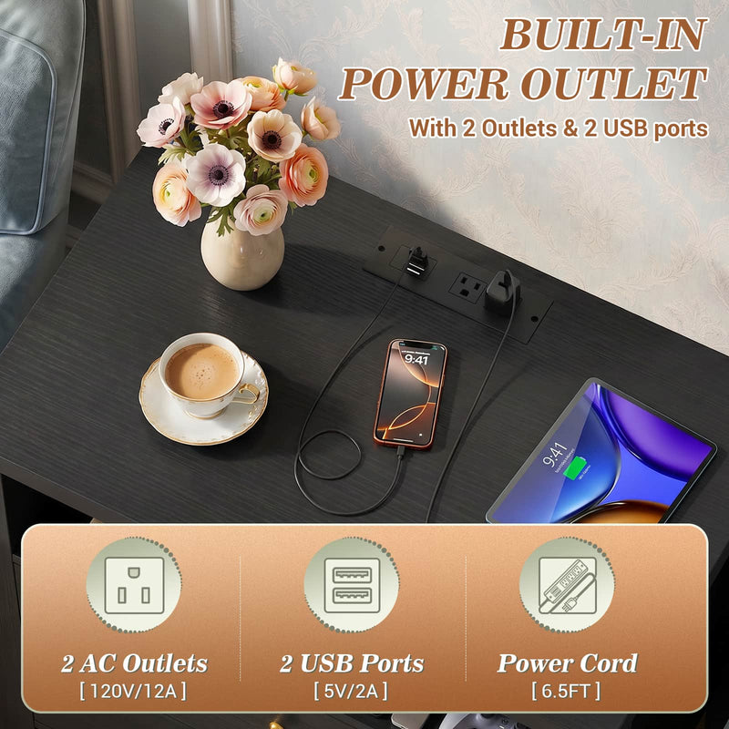23.6'' Nightstand with Charging Station and Drawers Set of 2