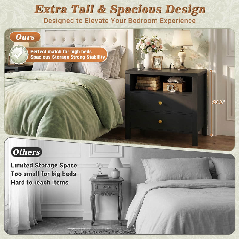 23.6'' Nightstand with Charging Station and Drawers Set of 2