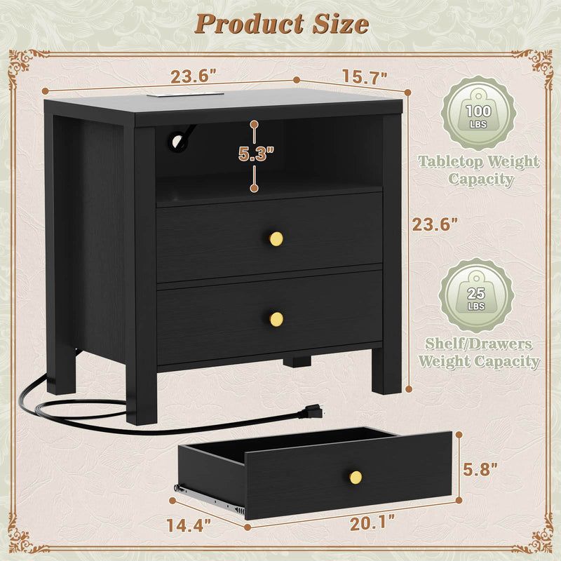 23.6'' Nightstand with Charging Station and Drawers Set of 2