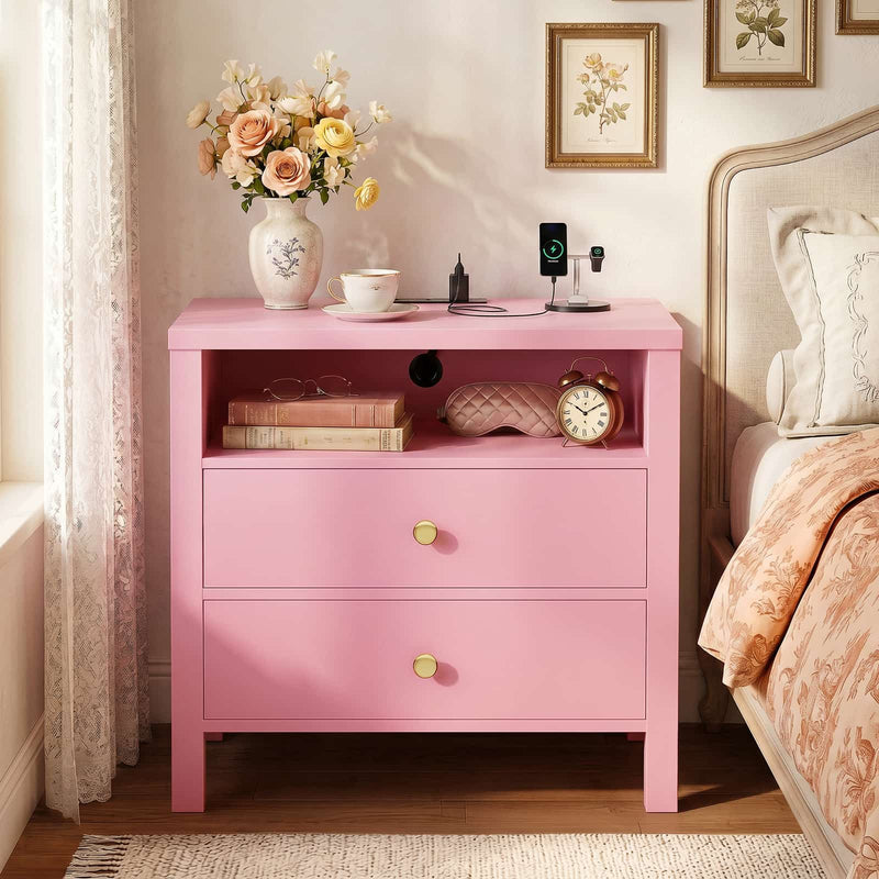 23.6'' Nightstand with with 2 Wooden Drawers and Power Outlet