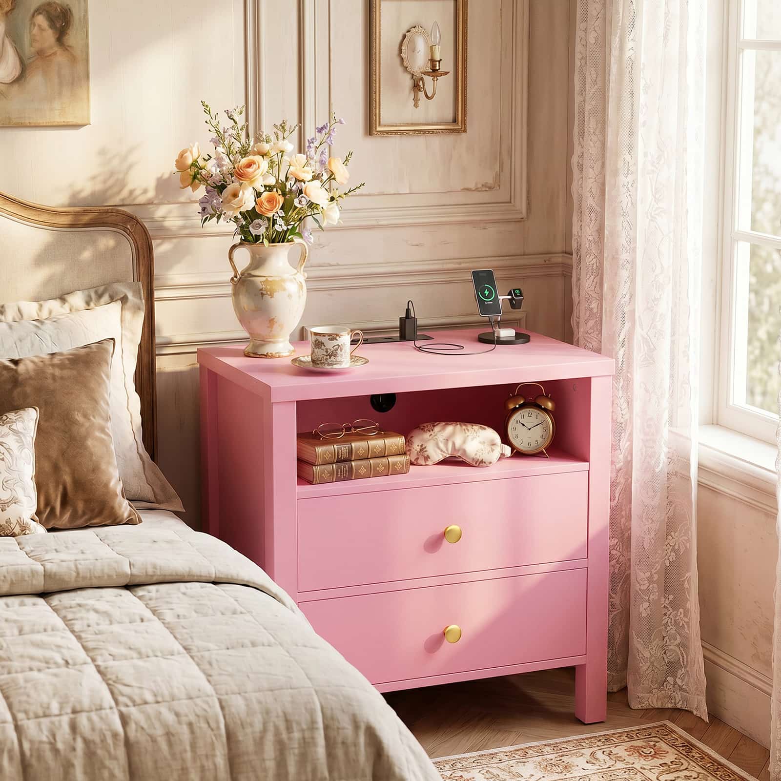 23.6'' Nightstand with with 2 Wooden Drawers and Power Outlet