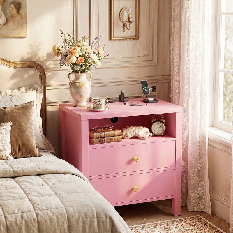 23.6'' Nightstand with Charging Station and Drawers Set of 2