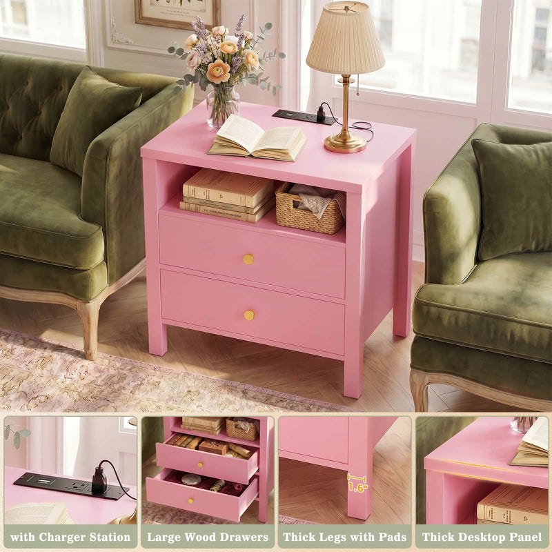 23.6'' Nightstand with Charging Station and Drawers Set of 2