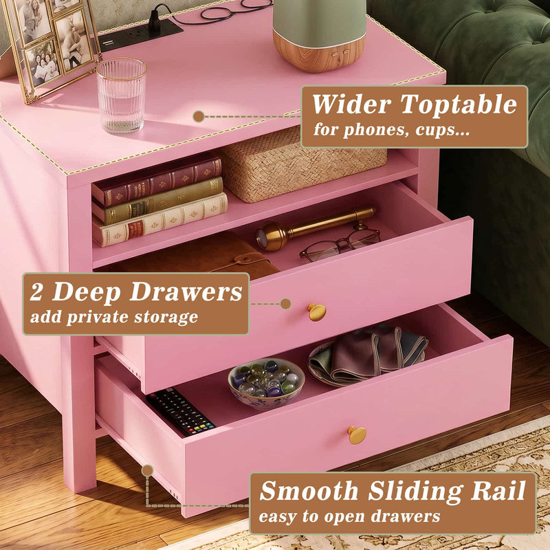 23.6'' Nightstand with Charging Station and Drawers Set of 2