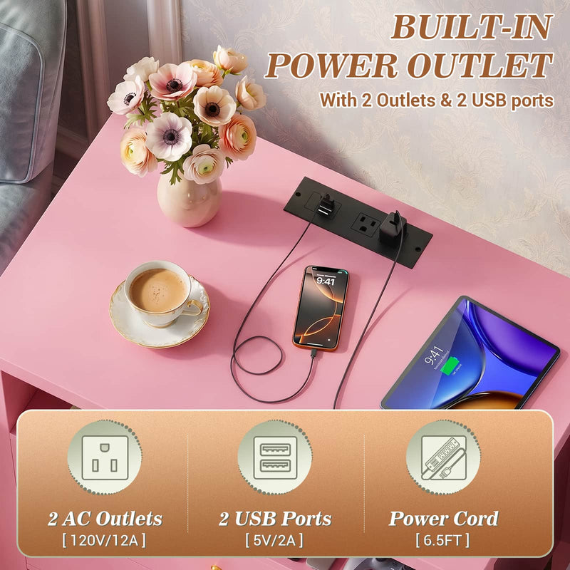 23.6'' Nightstand with Charging Station and Drawers Set of 2