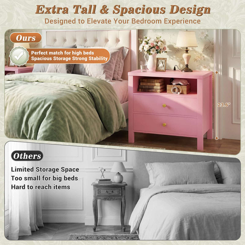 23.6'' Nightstand with Charging Station and Drawers Set of 2