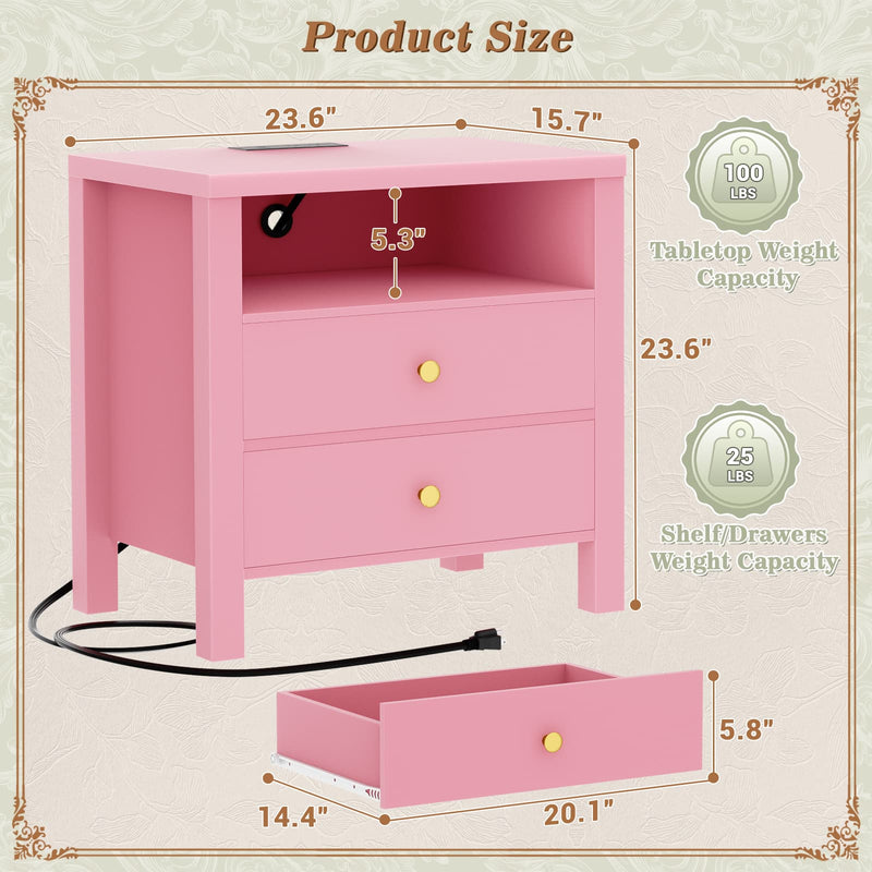23.6'' Nightstand with Charging Station and Drawers Set of 2
