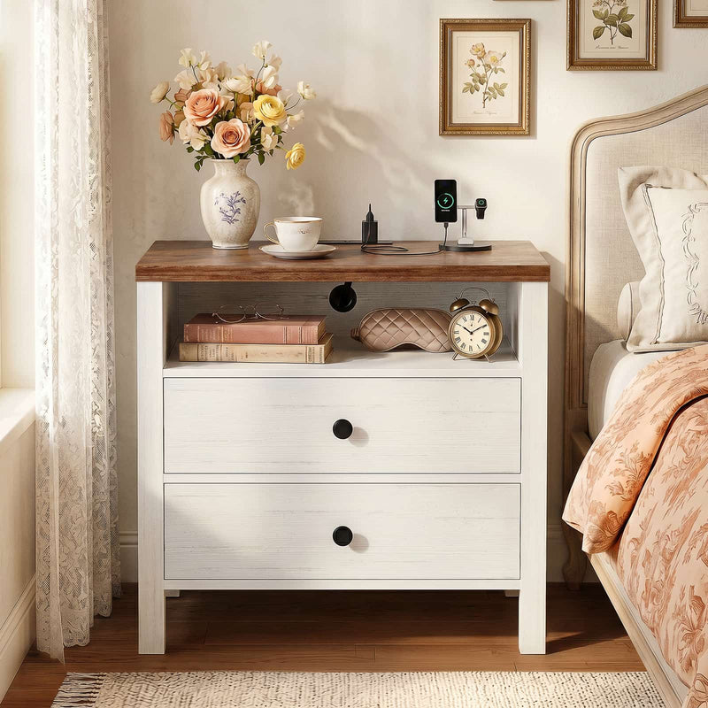 23.6'' Nightstand with with 2 Wooden Drawers and Power Outlet