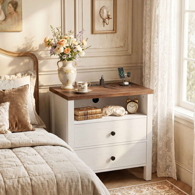23.6'' Nightstand with Charging Station and Drawers Set of 2