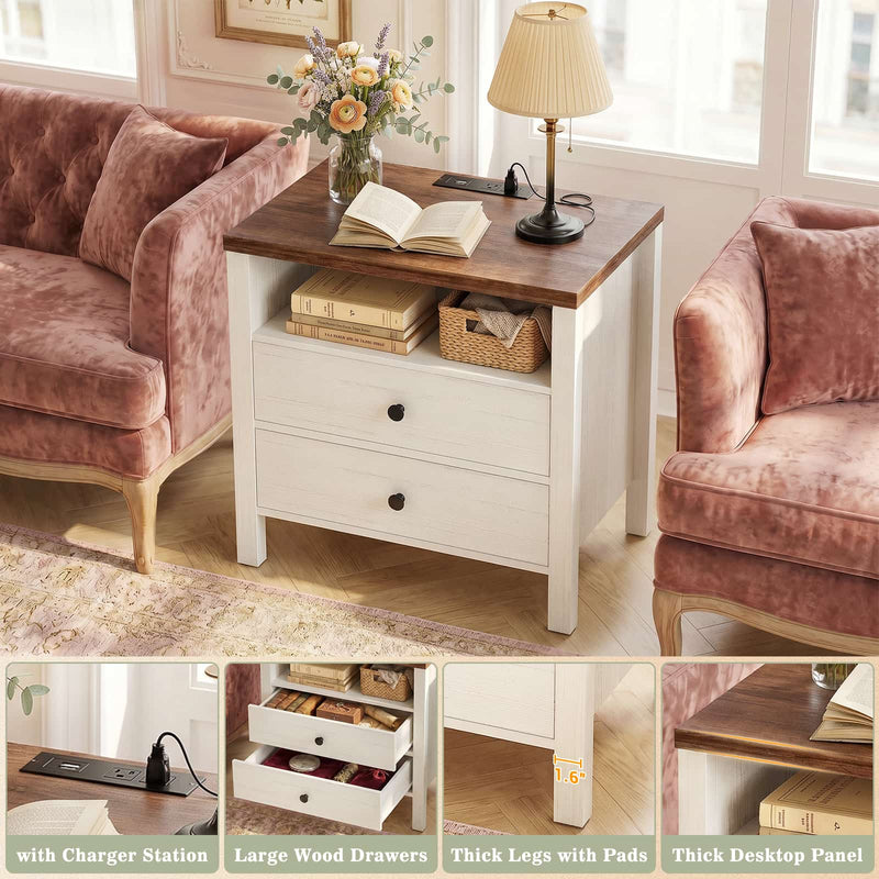 23.6'' Nightstand with Charging Station and Drawers Set of 2