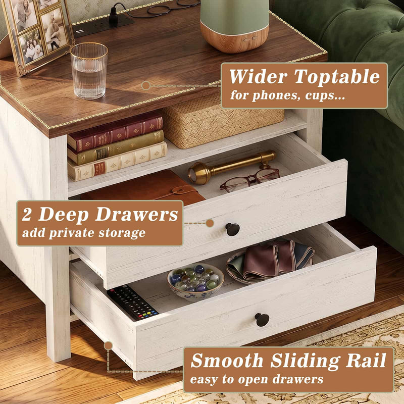 23.6'' Nightstand with Charging Station and Drawers Set of 2
