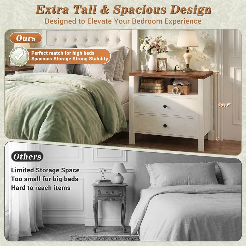 23.6'' Nightstand with Charging Station and Drawers Set of 2