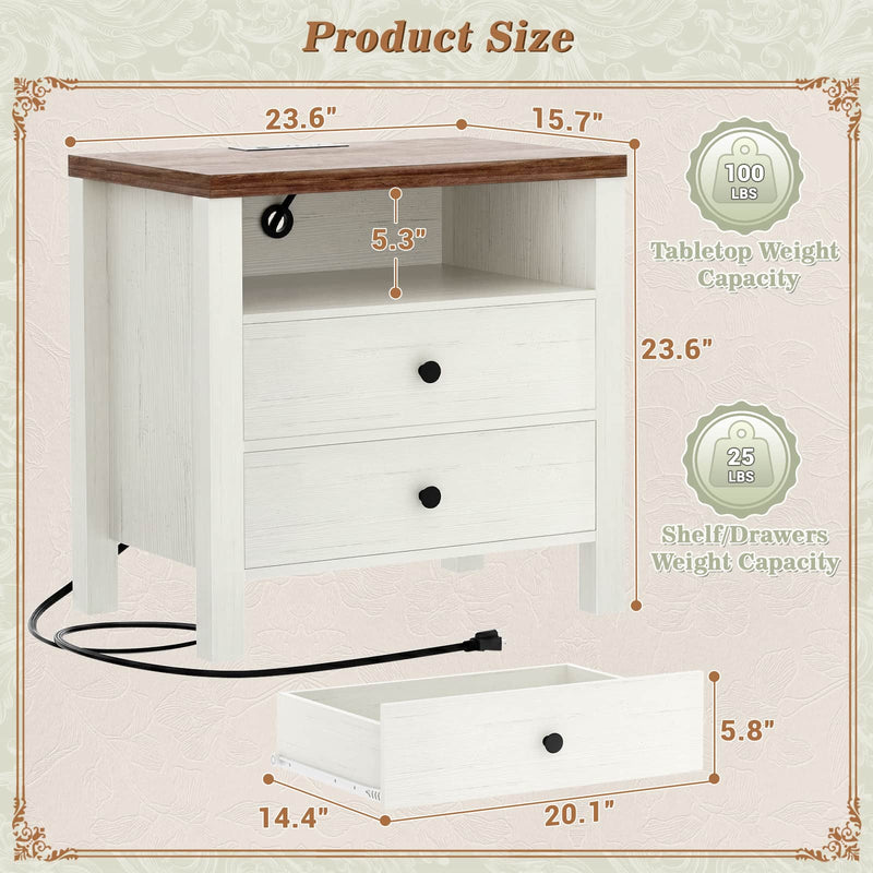 23.6'' Nightstand with Charging Station and Drawers Set of 2