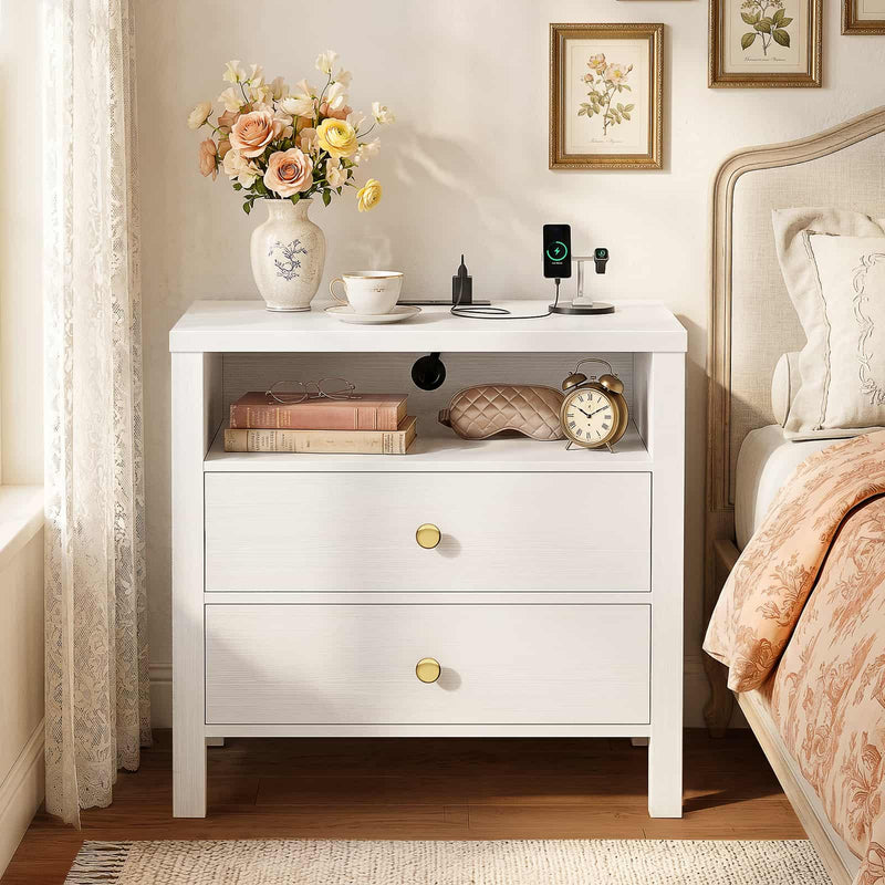 23.6'' Nightstand with with 2 Wooden Drawers and Power Outlet