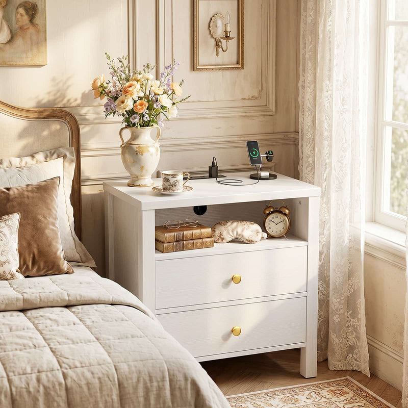 23.6'' Nightstand with Charging Station and Drawers Set of 2