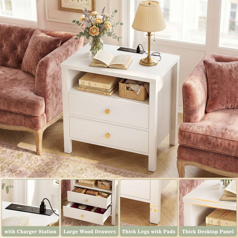 23.6'' Nightstand with Charging Station and Drawers Set of 2