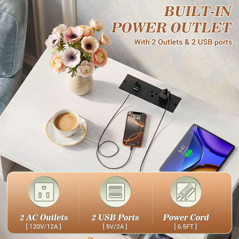 23.6'' Nightstand with Charging Station and Drawers Set of 2