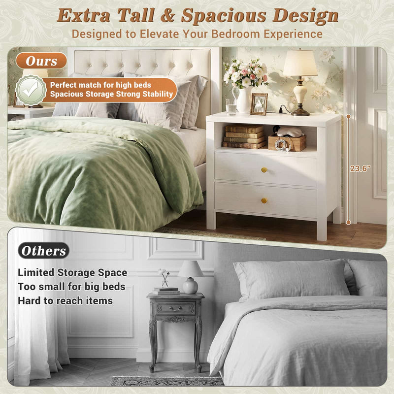 23.6'' Nightstand with Charging Station and Drawers Set of 2