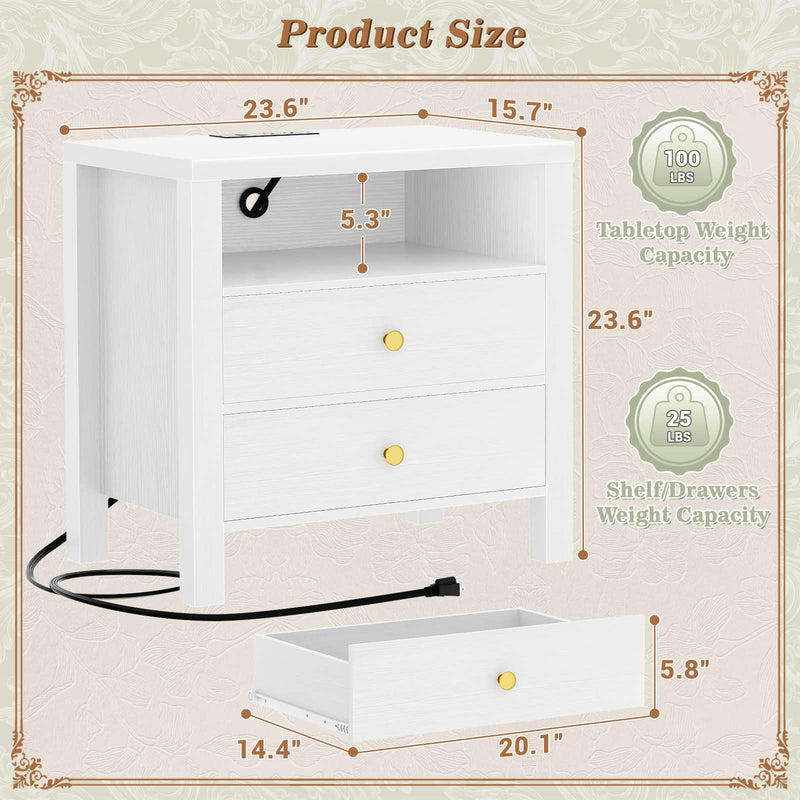 23.6'' Nightstand with Charging Station and Drawers Set of 2