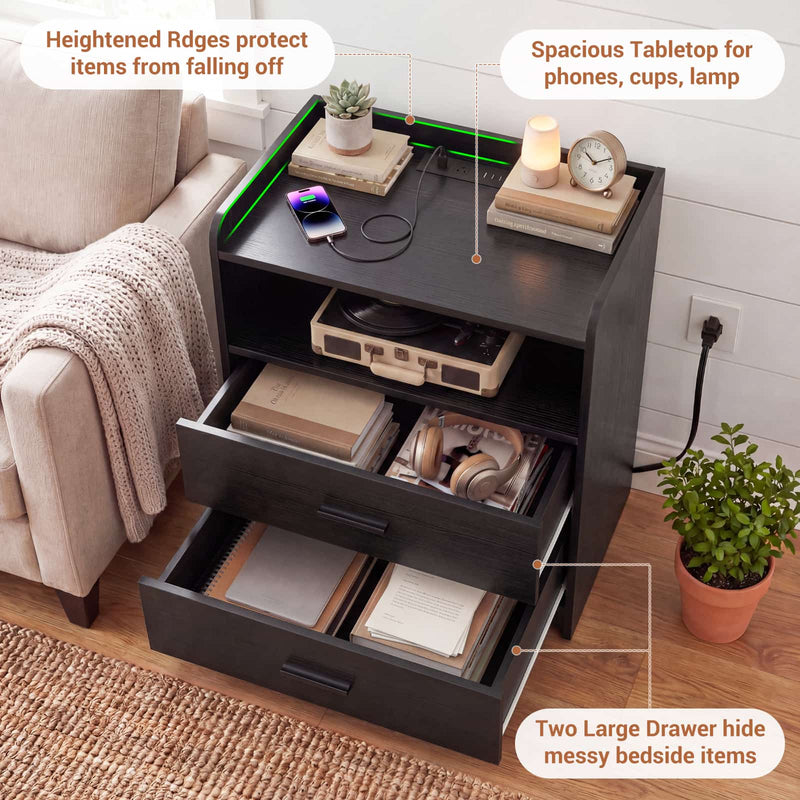 23.6'' W Nightstand with Charging Station and 2 Drawers