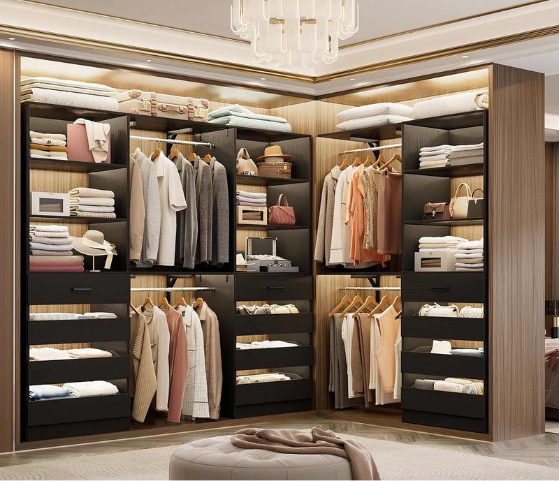 Closet System with 12 Drawers, 6.7+4.85Ft L Shaped Closet Organizer System with 4 Hanging Rods & Top Shelves, Set of 3