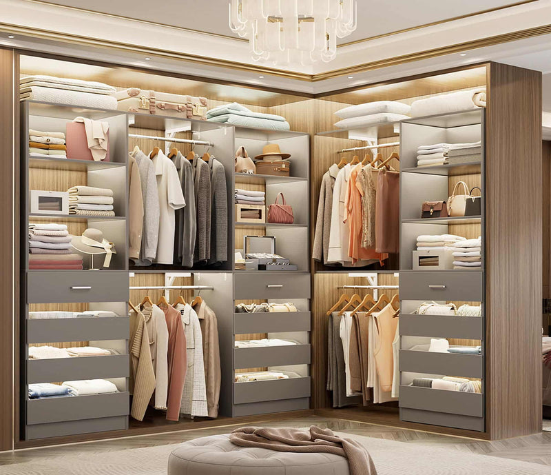 Closet System with 12 Drawers, 6.7+4.85Ft L Shaped Closet Organizer System with 4 Hanging Rods & Top Shelves, Set of 3