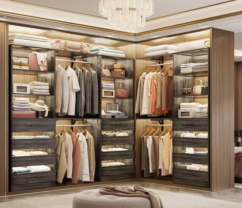 Closet System with 12 Drawers, 6.7+4.85Ft L Shaped Closet Organizer System with 4 Hanging Rods & Top Shelves, Set of 3