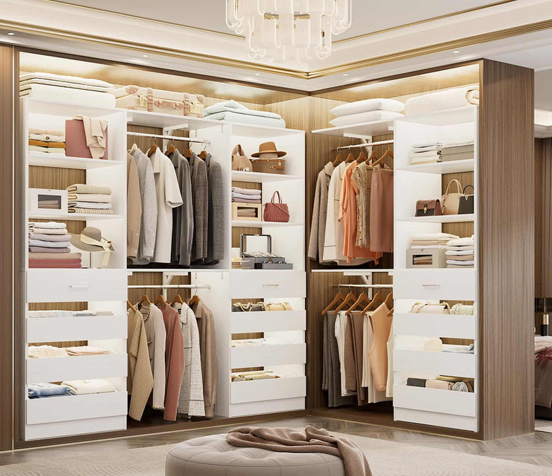 Closet System with 12 Drawers, 6.7+4.85Ft L Shaped Closet Organizer System with 4 Hanging Rods & Top Shelves, Set of 3