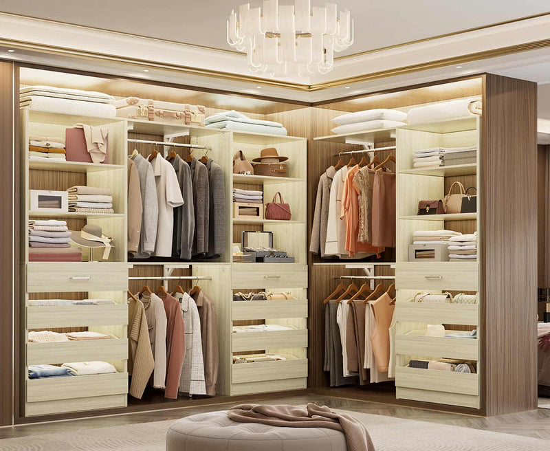 Closet System with 12 Drawers, 6.7+4.85Ft L Shaped Closet Organizer System with 4 Hanging Rods & Top Shelves, Set of 3