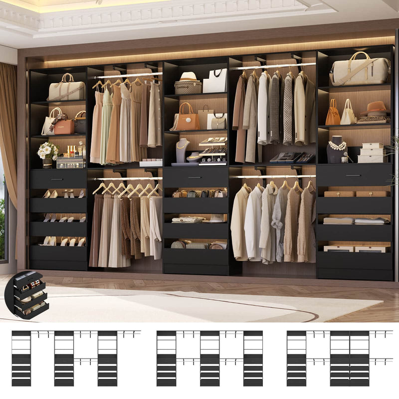 Closet System Set of 3, 138.5" Wood Closet Organizer System Tower with 12 Drawers & 4 Hanging Rods