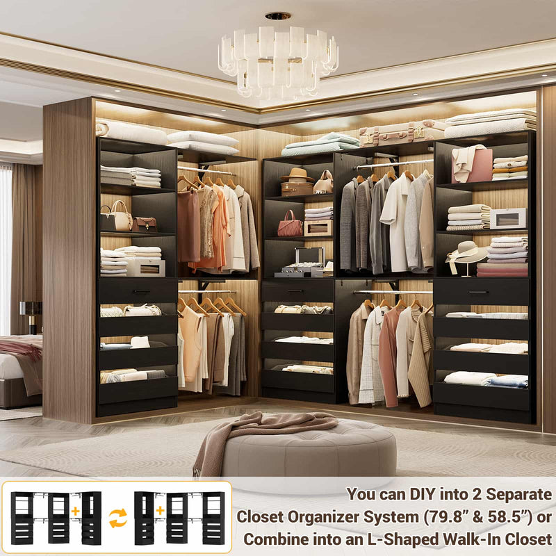 Closet System with 12 Drawers, 6.7+4.85Ft L Shaped Closet Organizer System with 4 Hanging Rods & Top Shelves, Set of 3