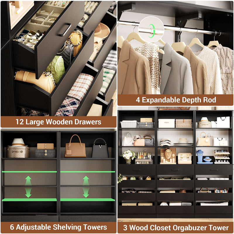 Closet System with 12 Drawers, 6.7+4.85Ft L Shaped Closet Organizer System with 4 Hanging Rods & Top Shelves, Set of 3