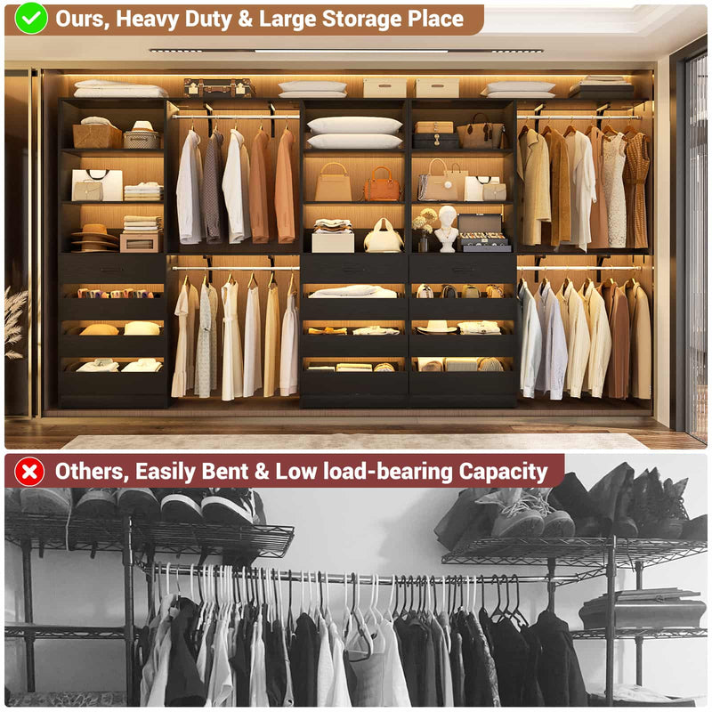 Closet System with 12 Drawers, 6.7+4.85Ft L Shaped Closet Organizer System with 4 Hanging Rods & Top Shelves, Set of 3