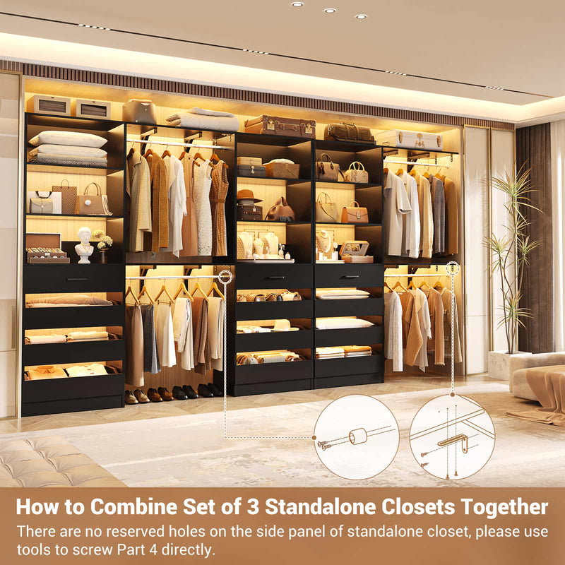 Closet System with 12 Drawers, 6.7+4.85Ft L Shaped Closet Organizer System with 4 Hanging Rods & Top Shelves, Set of 3