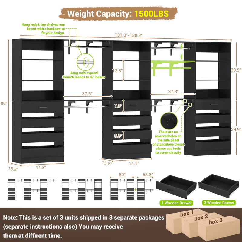Closet System with 12 Drawers, 6.7+4.85Ft L Shaped Closet Organizer System with 4 Hanging Rods & Top Shelves, Set of 3